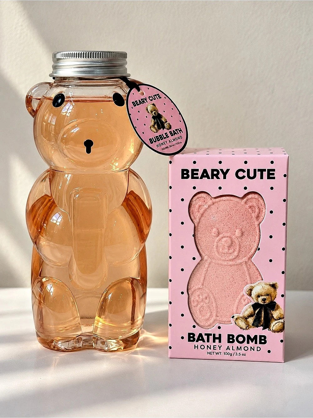 Beary Cute Honey Almond Bubble Bath & Bath Bomb Set Pink & Orange